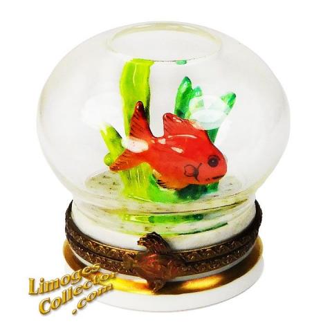 Red Tropical Fish in Glass Fish Bowl Retired Limoges Box