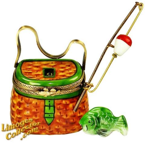 Fishing Basket with Fishing Pole and Fish Limoges Box by Beauchamp