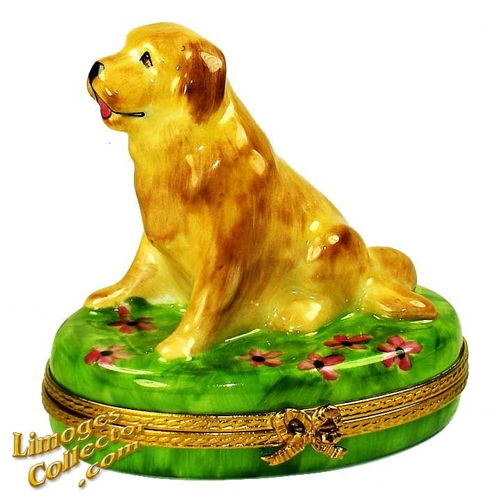 Golden Retriever Dog in Flowery Grass Limoges Box by Beauchamp