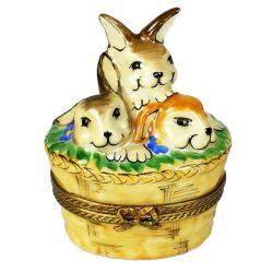 Bunny Rabbits in a Basket Limoges Box | Retired Hand Painted Porcelain Collectible Easter Luxury Keepsake Gifts