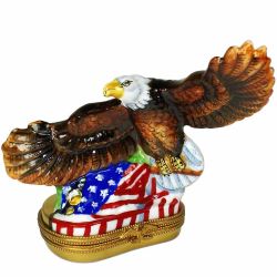 Bald Eagle Flying Over US Flag Limoges Box with Statue of Liberty by Beauchamp, Authentic Hand-Painted Limoges Boxes France Luxury Gift