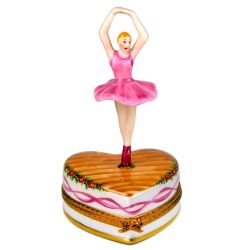 Graceful Ballerina in Pink on Heart-Shaped Stage Limoges Box by Beauchamp, Authentic Hand-Painted French Porcelain Figurine