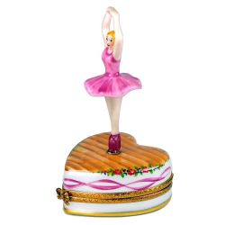 Graceful Ballerina in Pink on Heart-Shaped Stage Limoges Box by Beauchamp, Authentic Hand-Painted French Porcelain Figurine