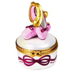 Limoges box Ballet Slippers on Translucent round Box by Beauchamp, Authentic Hand-Painted French Porcelain Figurine Gift