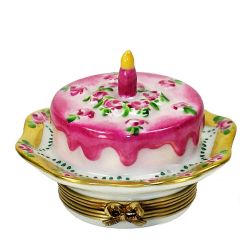 Birthday Cake on Gold-Rimmed Plate with Rose Design Limoges Box by Beauchamp Gift for Any Special Occasion