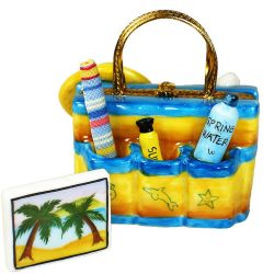 Beach Bag with All Essentials Limoges Box by Beauchamp | Authentic Hand-Painted French Porcelain Collectible Gift Imported from Limoges, France