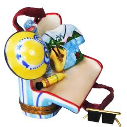 Open Beach Bag, Hawaiian Shirt, Hat, Mat, Suntan Lotion & Sunglasses Limoges Box