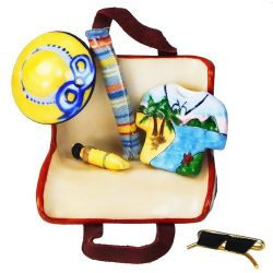 Open Beach Bag, Hawaiian Shirt, Hat, Mat, Suntan Lotion & Sunglasses Limoges Box