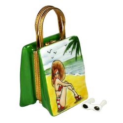 Beach Bag with Bathing Beauty Limoges Box by Beauchamp, Authentic Hand-Painted French Porcelain Summer and Vacation Collectible Gift