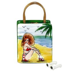 Beach Bag with Bathing Beauty Limoges Box by Beauchamp, Authentic Hand-Painted French Porcelain Summer and Vacation Collectible Gift