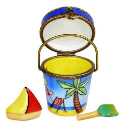 Beach Bucket Limoges Box with Boat & Shovel, Authentic Hand-Painted French Porcelain Trinket Box, Summer & Beach Collectible Trinket Box