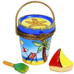 Beach Bucket Limoges Box with Boat & Shovel, Authentic Hand-Painted French Porcelain Trinket Box, Summer & Beach Collectible Trinket Box