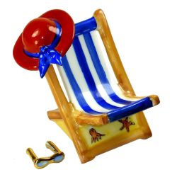 Beach Chair Limoges Box with Blue Stripes, Red Hat & Sunglasses by Beauchamp, Authentic Hand-Painted Porcelain Summer Vacation Collectible