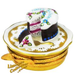 3-Layer Happy Birthday Cake on Gold Plate Limoges Box (Artoria)