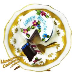 3-Layer Happy Birthday Cake on Gold Plate Limoges Box (Artoria)