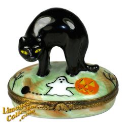Halloween Black Cat with Ghost and Jack-O-Lantern Pumpkin Limoges Box