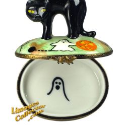 Halloween Black Cat with Ghost and Jack-O-Lantern Pumpkin Limoges Box