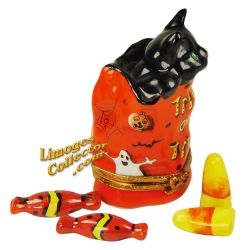 Black Cat in Trick Or Treat Bag Limoges Box (Beauchamp)