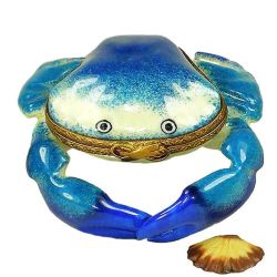 Blue Crab Limoges Box with Sea Shell by Beauchamp, Authentic Hand-Painted French Porcelain Limoges Boxes France Collectible