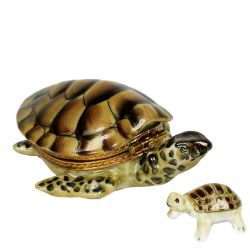 Brown Sea Turtle with Baby Turtle Limoges Box by Beauchamp, Authentic French Porcelain Trinket Box Collectible Gift Imported from Limoges, France
