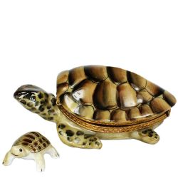 Brown Sea Turtle with Baby Turtle Limoges Box by Beauchamp, Authentic French Porcelain Trinket Box Collectible Gift Imported from Limoges, France