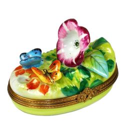 Morning Glory Flower with Butterflies Limoges Box | Authentic Hand-Painted Collectible French Porcelain Art | Limoges Trinket Box Gift
