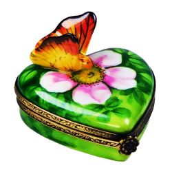 Monarch Butterfly on Flower Heart Limoges Box by Beauchamp | Authentic Hand-Painted French Porcelain Gift | Limoges Boxes France Trinket Box