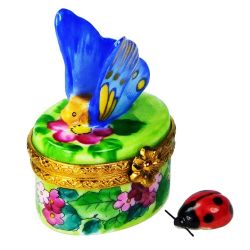 Magnificent Blue Butterfly Limoges Box over Flowers with Ladybug, Authentic Hand-Painted French Porcelain Limoges Box Collectible Gift