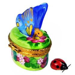 Magnificent Blue Butterfly Limoges Box over Flowers with Ladybug, Authentic Hand-Painted French Porcelain Limoges Box Collectible Gift