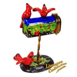 Festive Holiday Mailbox Limoges Box with Cardinals