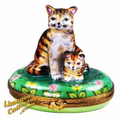 Brown Cat & Kitten Among Flowers Limoges Box (Beauchamp)