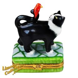 Black & White Playful Cat with Red Bird Limoges Box (Artoria)