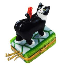 Black & White Playful Cat with Red Bird Limoges Box (Artoria)