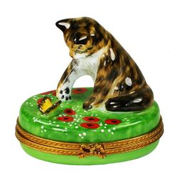 Kitty Cat Limoges Box Playing with Butterfly by Beauchamp Limoges France Boxes Cat Kitten Limoges Trinket Boxes