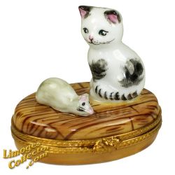 Black & White Kitty with Mouse Limoges Box (Beauchamp)