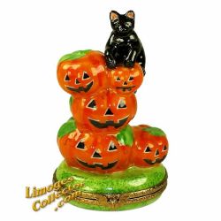 Black Cat on Stack of Pumpkins Limoges Box (Beauchamp)