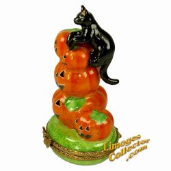 Black Cat on Stack of Pumpkins Limoges Box (Beauchamp)