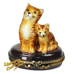 Brown Cat & Kitty on Purple Base Limoges Box (Beauchamp)