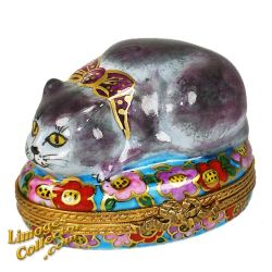 Crouching Cat on Flowered Cushion Limoges Box (Beauchamp)