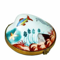 Sea Shell Limoges Box with Under Water Scene by Beauchamp, Authentic Hand-Painted French Porcelain Limoges Boxes France Summer Beach Collectible Gift
