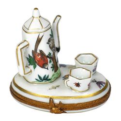 Coffee Pot & Two Cups Set Limoges Box with Bird Design, Retired 100% Authentic Hand-Painted French Porcelain Trinket Box