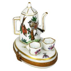 Coffee Pot & Two Cups Set Limoges Box with Bird Design, Retired 100% Authentic Hand-Painted French Porcelain Trinket Box