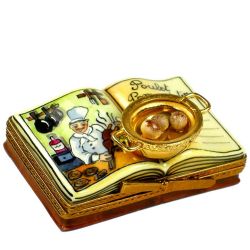 Cookbook Limoges Box with Golden Baking Pan by Beauchamp, Authentic Hand-Painted Porcelain Limoges Boxes France Collectible and Gift