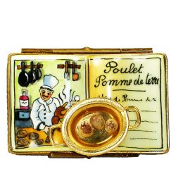 Cookbook Limoges Box with Golden Baking Pan by Beauchamp, Authentic Hand-Painted Porcelain Limoges Boxes France Collectible and Gift