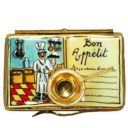 Cookbook with Golden Pot Limoges Box by Beauchamp, Authentic Hand-Painted French Porcelain Limoges Boxes France Collectible