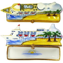 Luxury Cruise Ship at Tropical Port Limoges Box with Postcard by Beauchamp, 100% Authentic French Porcelain Collectible & Gift