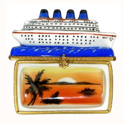 Luxury Ocean Liner Cruise Ship with Sunset Painting Limoges Box | 100% Authentic Hand-Painted French Porcelain Collectible Gift