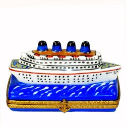 Luxury Ocean Liner Cruise Ship with Sunset Painting Limoges Box | 100% Authentic Hand-Painted French Porcelain Collectible Gift