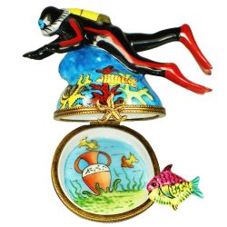 Diver with Tropical Fish Limoges Box by Beauchamp, Authentic Hand-Painted French Porcelain Summer Beach Collectible & Gift