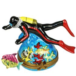 Diver with Tropical Fish Limoges Box by Beauchamp, Authentic Hand-Painted French Porcelain Summer Beach Collectible & Gift